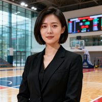 一位干练的女性场馆运营经理的正面半身照，身着黑色职业西装，短发齐耳，背景为现代化体育馆内景。